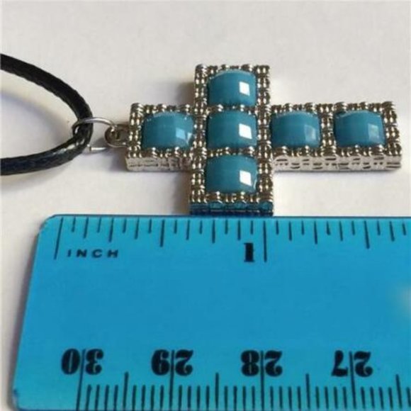 Aqua Turquoise Cross Necklace Southwestern Country Western Silver Tone Simulated - Picture 7 of 8